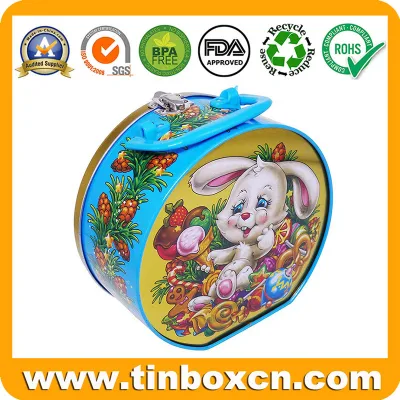 Decorative Metal Can Round Handle Christmas Tin Box with 3D Embossment