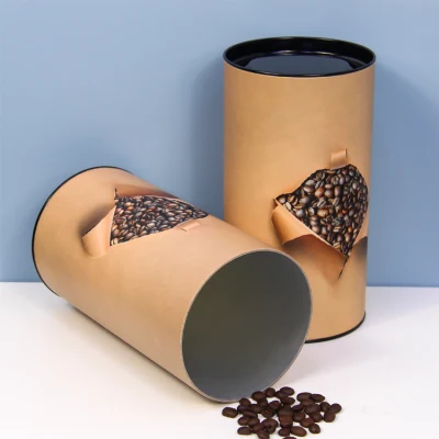 Firstsail Wholesale Tea Coffee Bean Drawing Tube Wrapping Packaging Food Grade Empty Round Paper Box Container with Metal Lid