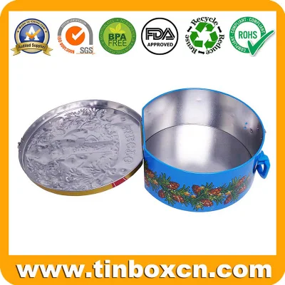 Decorative Metal Can Round Handle Christmas Tin Box with 3D Embossment