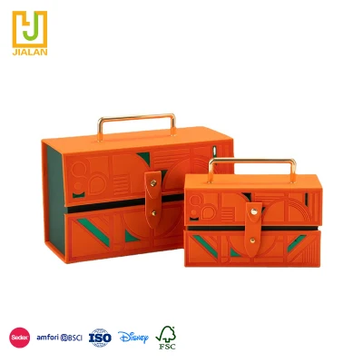 Customize Luxury Portable PU Leather Gift Packaging Carrier Box with Metal Handle