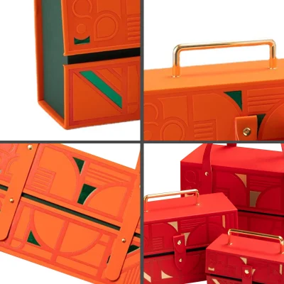 Customize Luxury Portable PU Leather Gift Packaging Carrier Box with Metal Handle