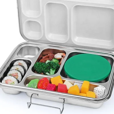 Oumego Food Grade Rectangular Metal Aluminium Loncheras 5 Compart Stainless Steel Tin Bento Lunch Box Fiambreras Infantil