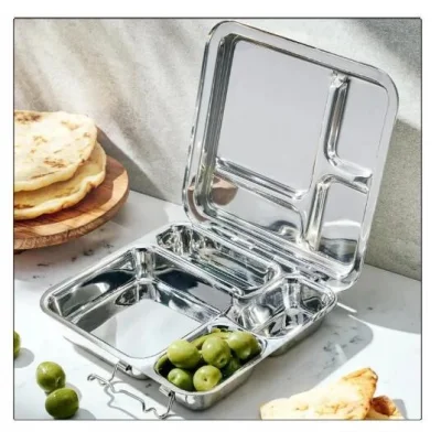 Lid Stainless Steel Lunch Box with 4 Compartments and Hinged Lid Metal Multi-Compartment Lunch Box