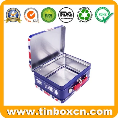 Metal Can Gift Box Lunch Tin Case with Handle and Lock Clasp