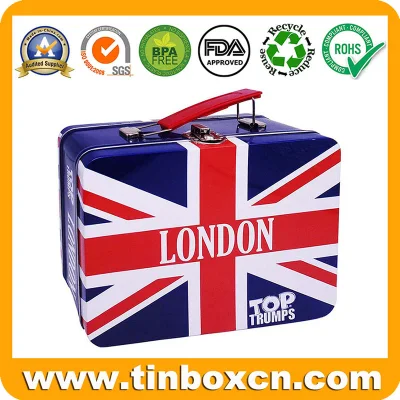 Metal Can Gift Box Lunch Tin Case with Handle and Lock Clasp
