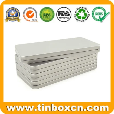 Empty Rectangular Slim Tin Box Silver Metal Pencil Case