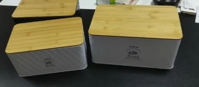 Wood Lid Domestic Kitchen Baking Bakery Rectangle Bread Metal Large Tin Box