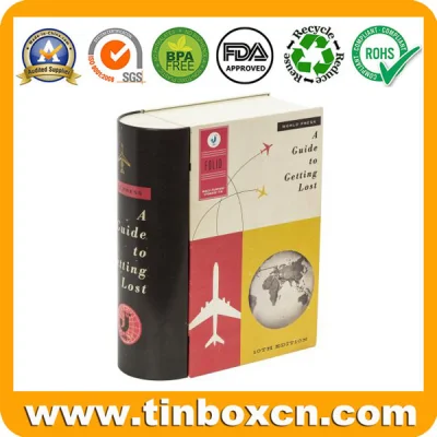 Decorative Hinged Christmas Gift Box Metal Book Shaped Tin with Crackle Printing