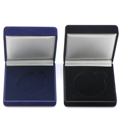 Factory Custom Made High Quality Packing Box Manufacturer Customized Blue Velvet Wrapped Plastic Package Gift Box Bespoke Square Metal Medal Souvenir Coin Box