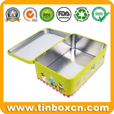 Decorative Cute Rectangle Gift Metal Can Christmas Tin Box with Hinge Lid for Food Storage Container