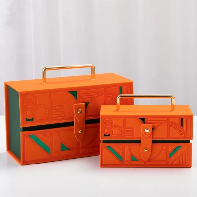 Customize Luxury Portable PU Leather Gift Packaging Carrier Box with Metal Handle