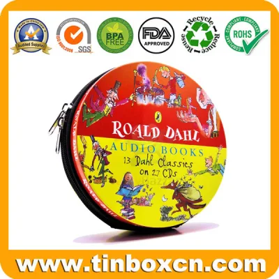 Square CD Tin Case with Zipper, Metal Tin DVD Box
