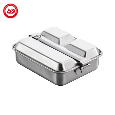  Travel Camping Task 2 in 1 800-1000ml Stainless Steel 3 Compartments Mess Tin Lunch Plate Heating Cooking Pot Lunch Box Outdoor