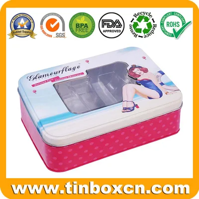Rectangle Metal Box Cosmetics Tin with Plastic Inserts and Lock for Skincare