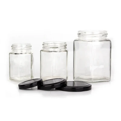 Empty 50ml 100ml 120ml 180ml 280ml 500ml 730ml Hexagonal Clear Glass Food Jar for Honey Jam with Tin Lid