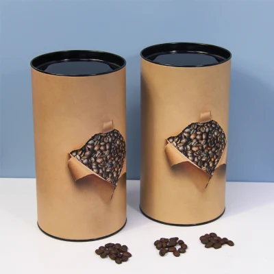 Firstsail Wholesale Tea Coffee Bean Drawing Tube Wrapping Packaging Food Grade Empty Round Paper Box Container with Metal Lid