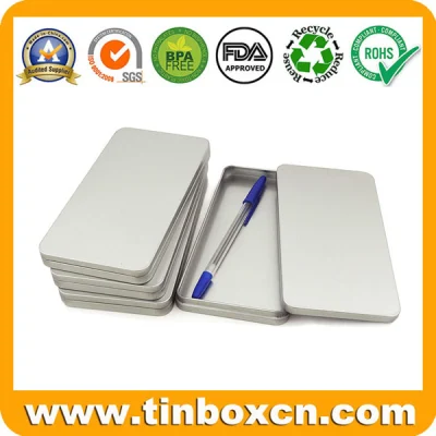 Empty Rectangular Slim Tin Box Silver Metal Pencil Case