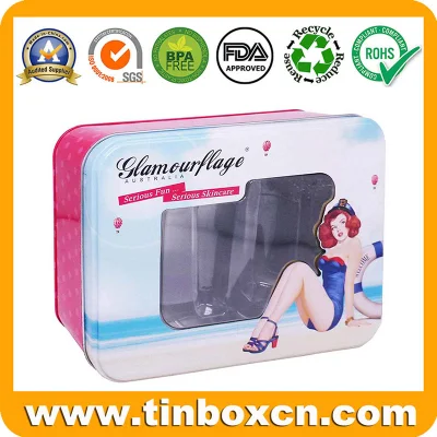 Rectangle Metal Box Cosmetics Tin with Plastic Inserts and Lock for Skincare