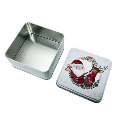China Manufacture Wholesale Custom Christmas Tinplate Container White Square Metal Case Chocolate Candy Tin Box with Lid