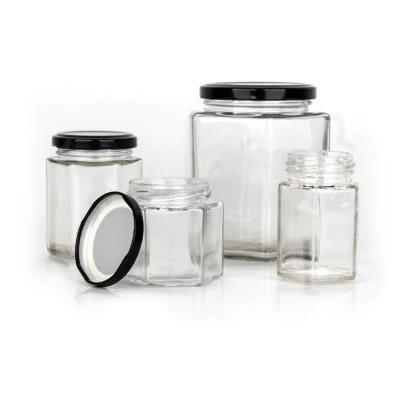 Empty 50ml 100ml 120ml 180ml 280ml 500ml 730ml Hexagonal Clear Glass Food Jar for Honey Jam with Tin Lid