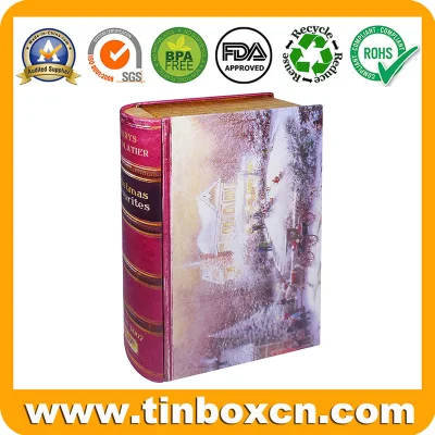 Decorative Hinged Christmas Gift Box Metal Book Shaped Tin with Crackle Printing