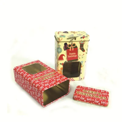 Factory Custom Christmas Tall Rectangular Tea Candy Gift Tin with Clear Window