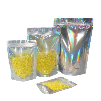 Hot-Stamping Aluminum Foil Food Packaging Bio-Degradable Ziplock Printed Mylar Holographic Bag Water Child Proof Stand up Colorful Sealed Golden Container