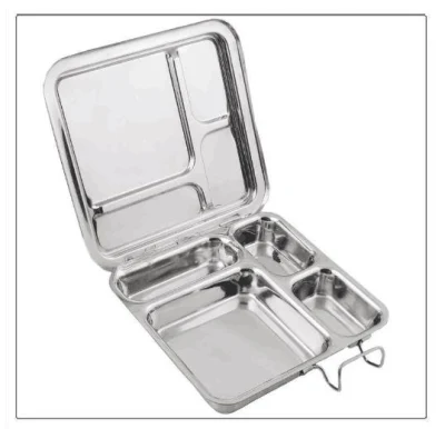 Lid Stainless Steel Lunch Box with 4 Compartments and Hinged Lid Metal Multi-Compartment Lunch Box