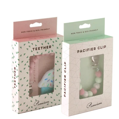 Wholesale Custom Logo Printing Charger Cable Packing Paper Box Teether Pacifier Clip Packaging with PVC Window and Handle