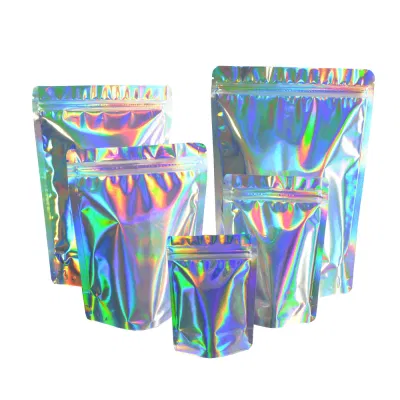 Hot-Stamping Aluminum Foil Food Packaging Bio-Degradable Ziplock Printed Mylar Holographic Bag Water Child Proof Stand up Colorful Sealed Golden Container