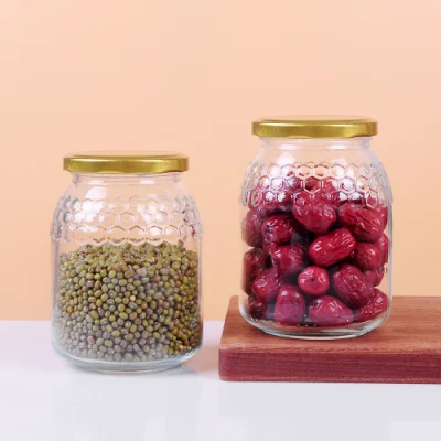 Food Airtight Glass Honey Jar Wide Mouth Food Packaging Jar with Metal Lid Empty Honeycomb Embossed Mason Jar Storage Spice Bottle