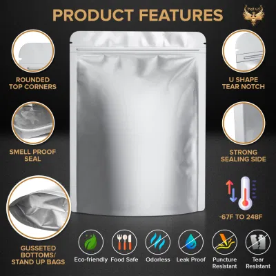 Reusable Heat Sealable Ziplock Resealable Airtight Smell Proof Packaging Baggies Mylar Bags with Oxygen Absorbers