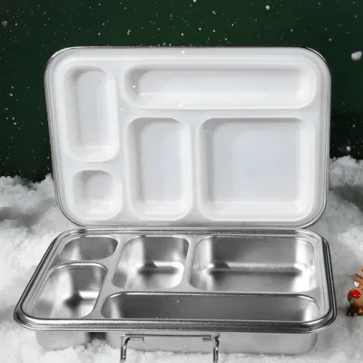 Oumego Food Grade Rectangular Metal Aluminium Loncheras 5 Compart Stainless Steel Tin Bento Lunch Box Fiambreras Infantil
