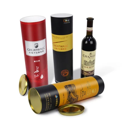 Firstsail Printed Cylinder Paper Shipping Box Tin Cap Single Wine Tube Packagong Box with Glass