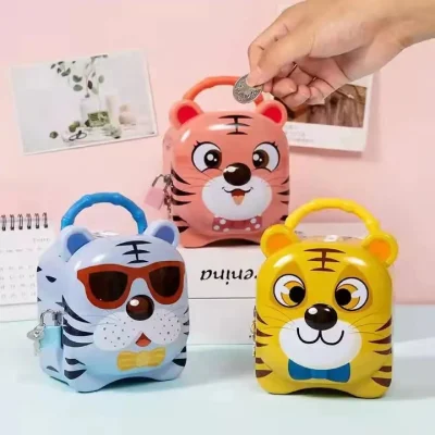 Hot Children&prime;s Gift Metal Tin Coin Box Cute Cartoon Tiger Full