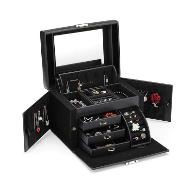 High-End Black PU Leather Metal Key Lock Rectangular Jewelry Gift Box