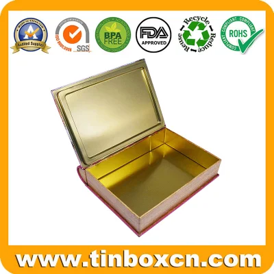 Decorative Hinged Christmas Gift Box Metal Book Shaped Tin with Crackle Printing