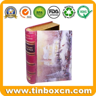 Decorative Hinged Christmas Gift Box Metal Book Shaped Tin with Crackle Printing