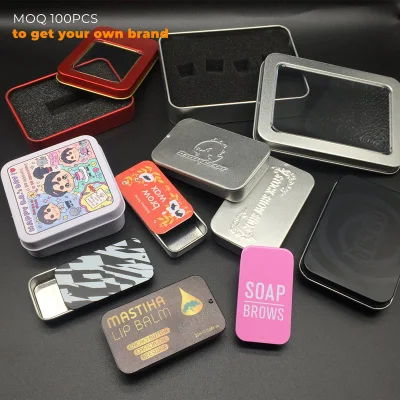 Custom Printed Rectangle Black Metal Case Mint Gift Packaging Tin Sliding Box 90X60X21