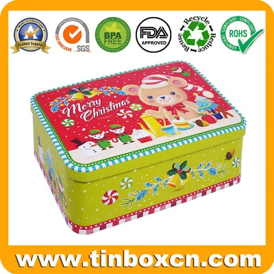 Decorative Cute Rectangle Gift Metal Can Christmas Tin Box with Hinge Lid for Food Storage Container
