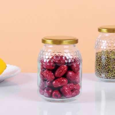 Food Airtight Glass Honey Jar Wide Mouth Food Packaging Jar with Metal Lid Empty Honeycomb Embossed Mason Jar Storage Spice Bottle