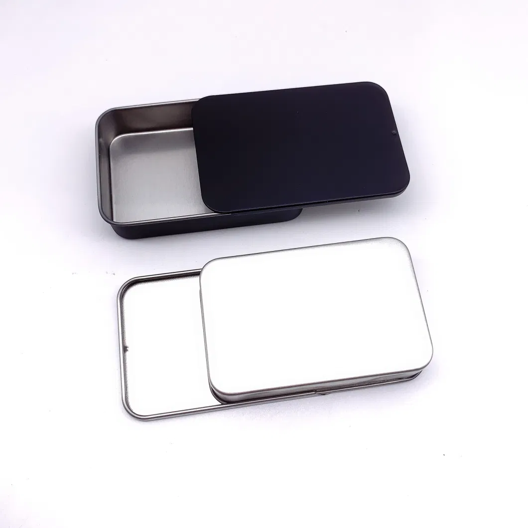 Custom Printed Rectangle Black Metal Case Mint Gift Packaging Tin Sliding Box 90X60X21