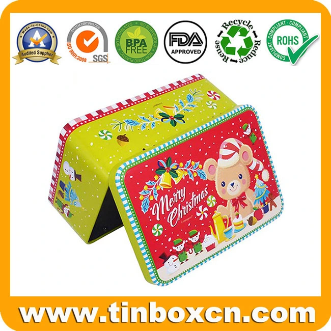 Decorative Cute Rectangle Gift Metal Can Christmas Tin Box with Hinge Lid for Food Storage Container