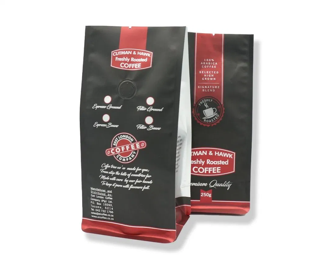 Customized Design Flat Bottom Pouch Aluminum Foil Packaging Coffee Bean Bag with Valve Tin Tie