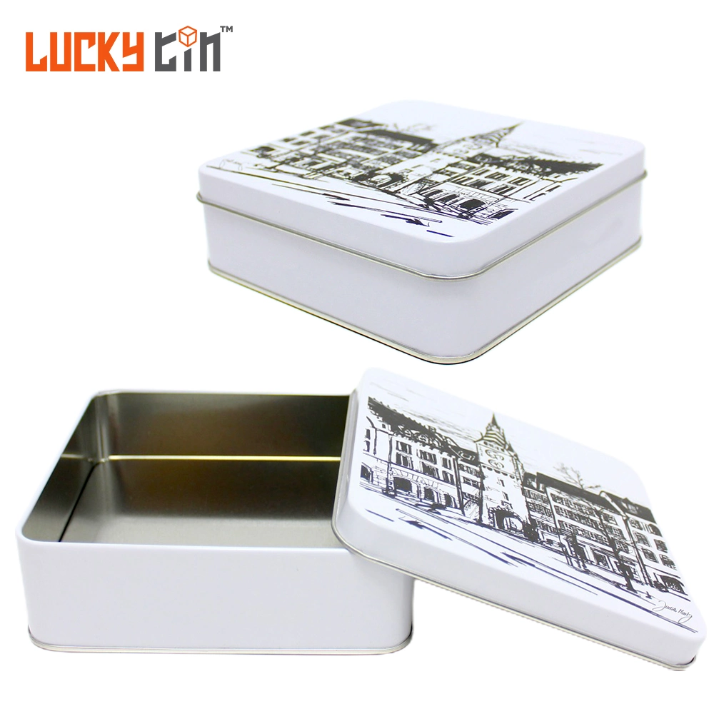 Factory Custom No-Plastic Tinplate Packaging Rectangle Metal Can Boite Mettalique Tin Box for Candy with Hinged Lid