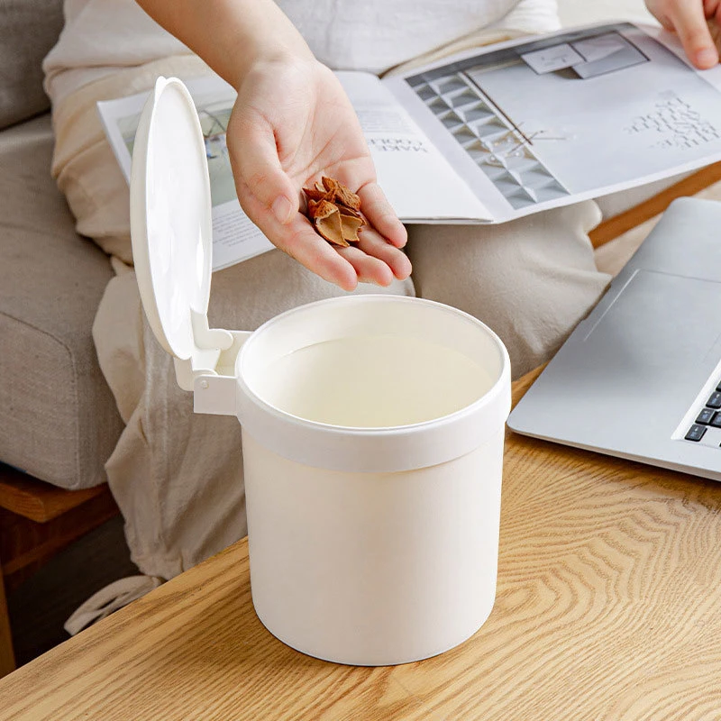 Desktop Round Barrel Small Trash Can Plastic Office with Lid Sorting Trash Box with Pressure Ring Mini Living Room Waste Paper Basket