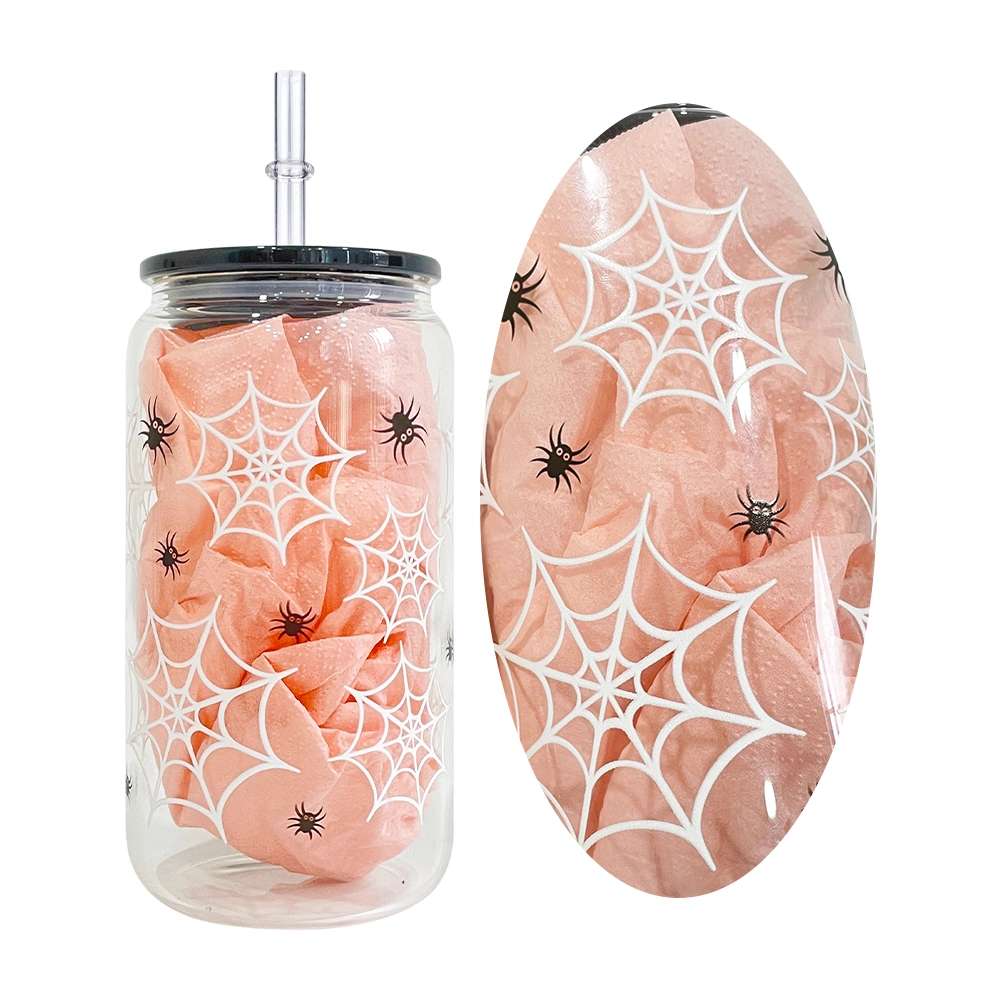 16oz Halloween Design 3D Touch UV Printing Pumpkin Skull Ghost Spider Web Printed Orange Black Color Plastic Lid Beer Glass Can