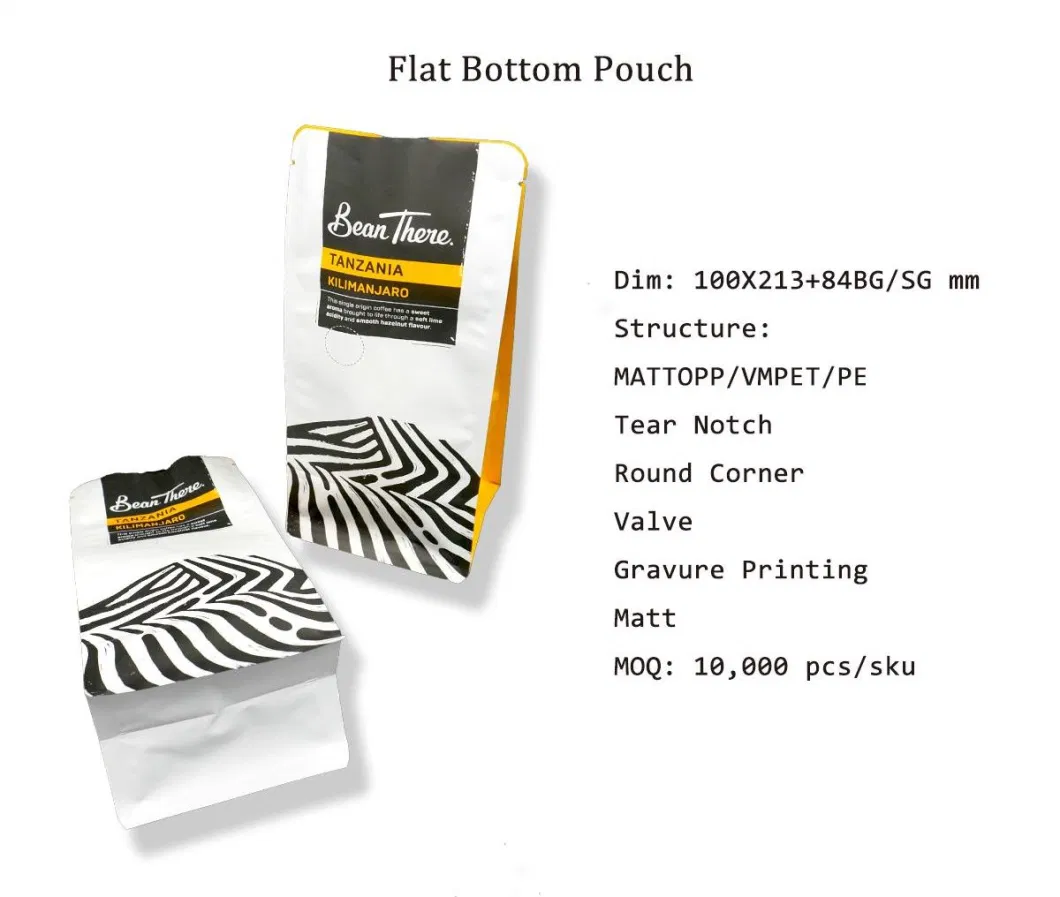 Customized Design Flat Bottom Pouch Aluminum Foil Packaging Coffee Bean Bag with Valve Tin Tie