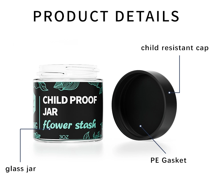 Custom Printed Matte Black Glass Jars Childproof Airtight Smell Proof Storage Glass Container Jar with Child Resistant Cap