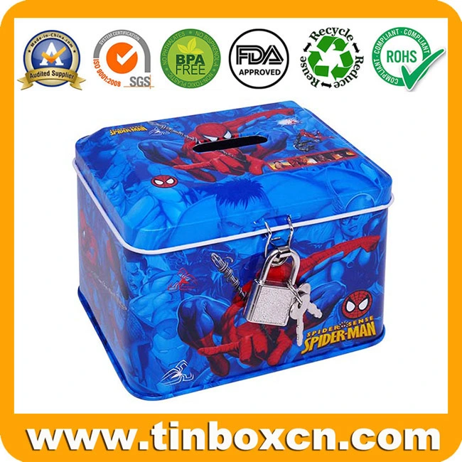 Custom Fancy Kid Hinged Metal Tin Coin Bank Money Tin Box with Lock Lid Spider Man for Gifts
